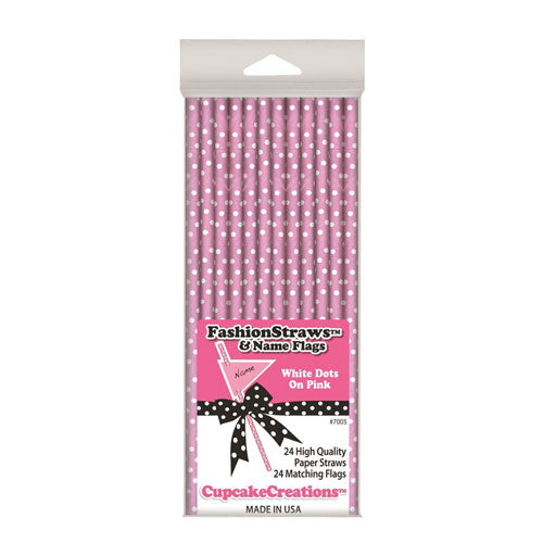 Cupcake White-Dotted Straws 19cm 24pk