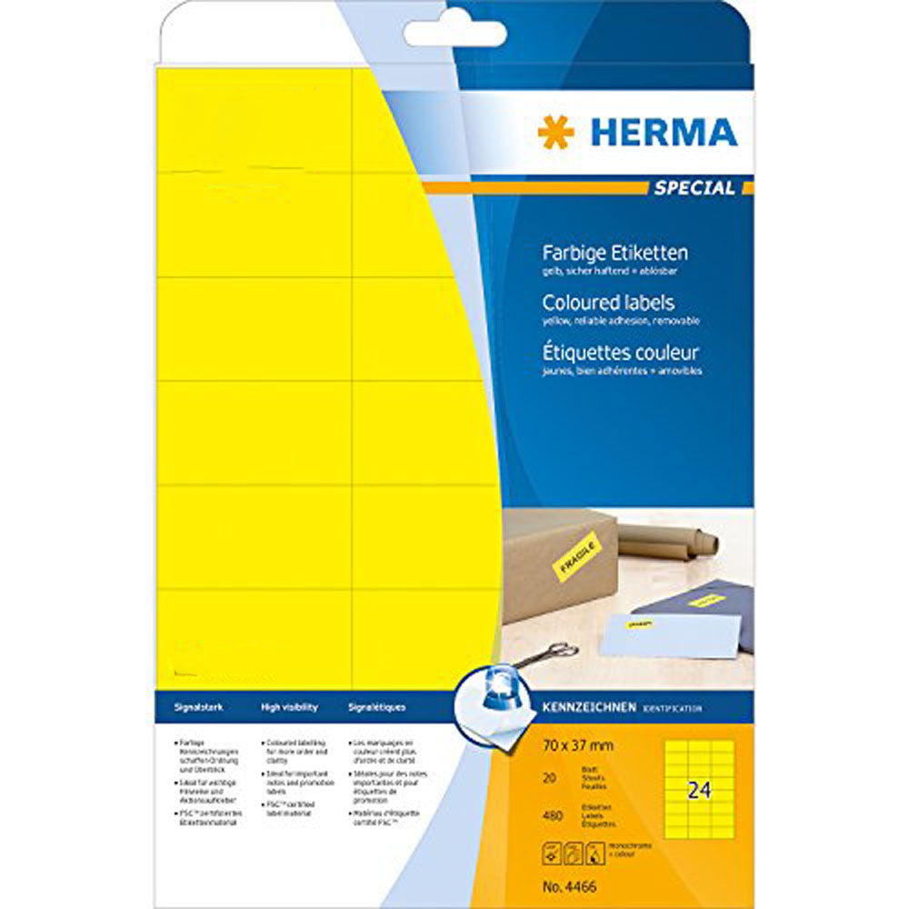 Herma aftagelige farvede etiketter A4 20pc (70x37mm)