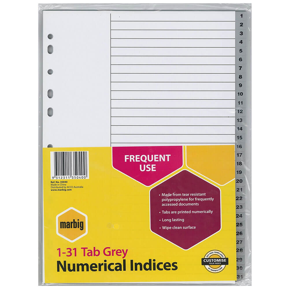 Marbig Numerical Indices & Dividers A4 (Grey)