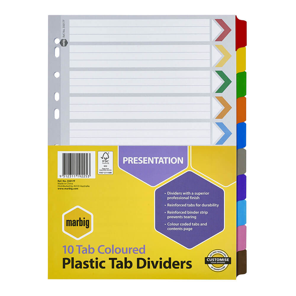 Marbig Manilla Plastic Tab Dividers A4 (farget)