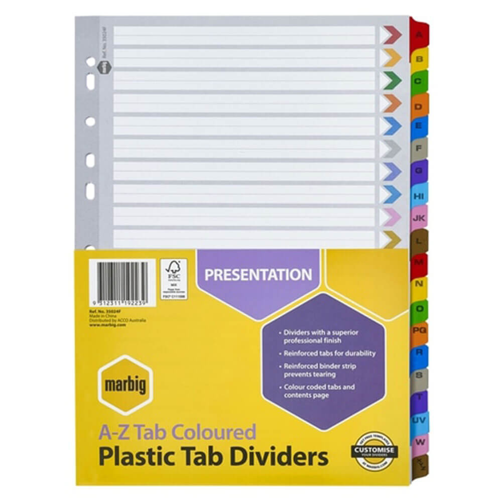 Marbig Manilla Plastic Tab Dividers A4 (farget)