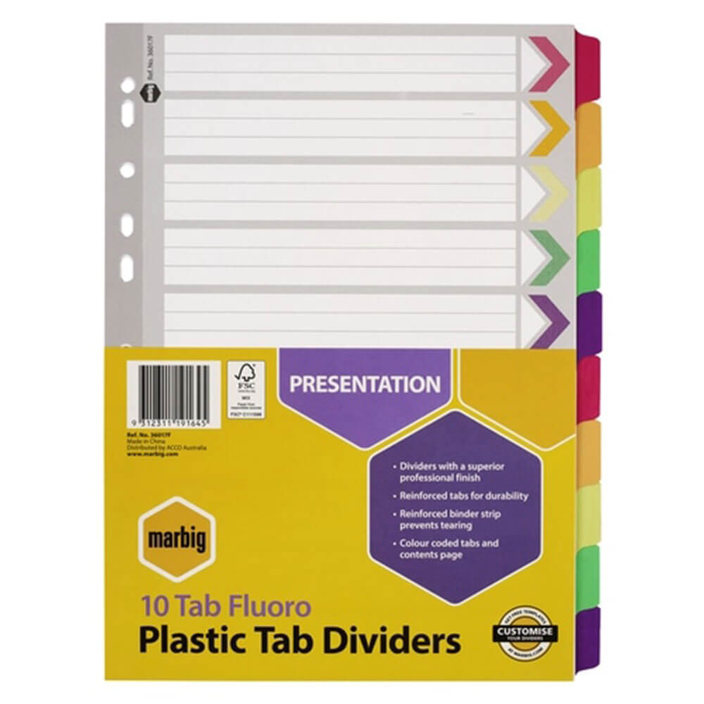 Marbig Manilla Plastic Tab Divider A4 (Fluoro)