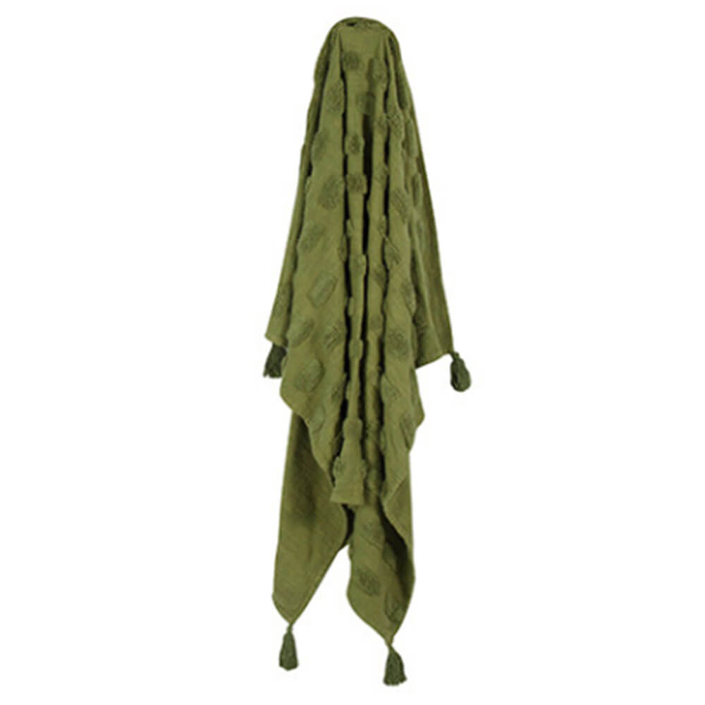 Piol Olive Green Cotton Throw m/ Tassle & Tufting