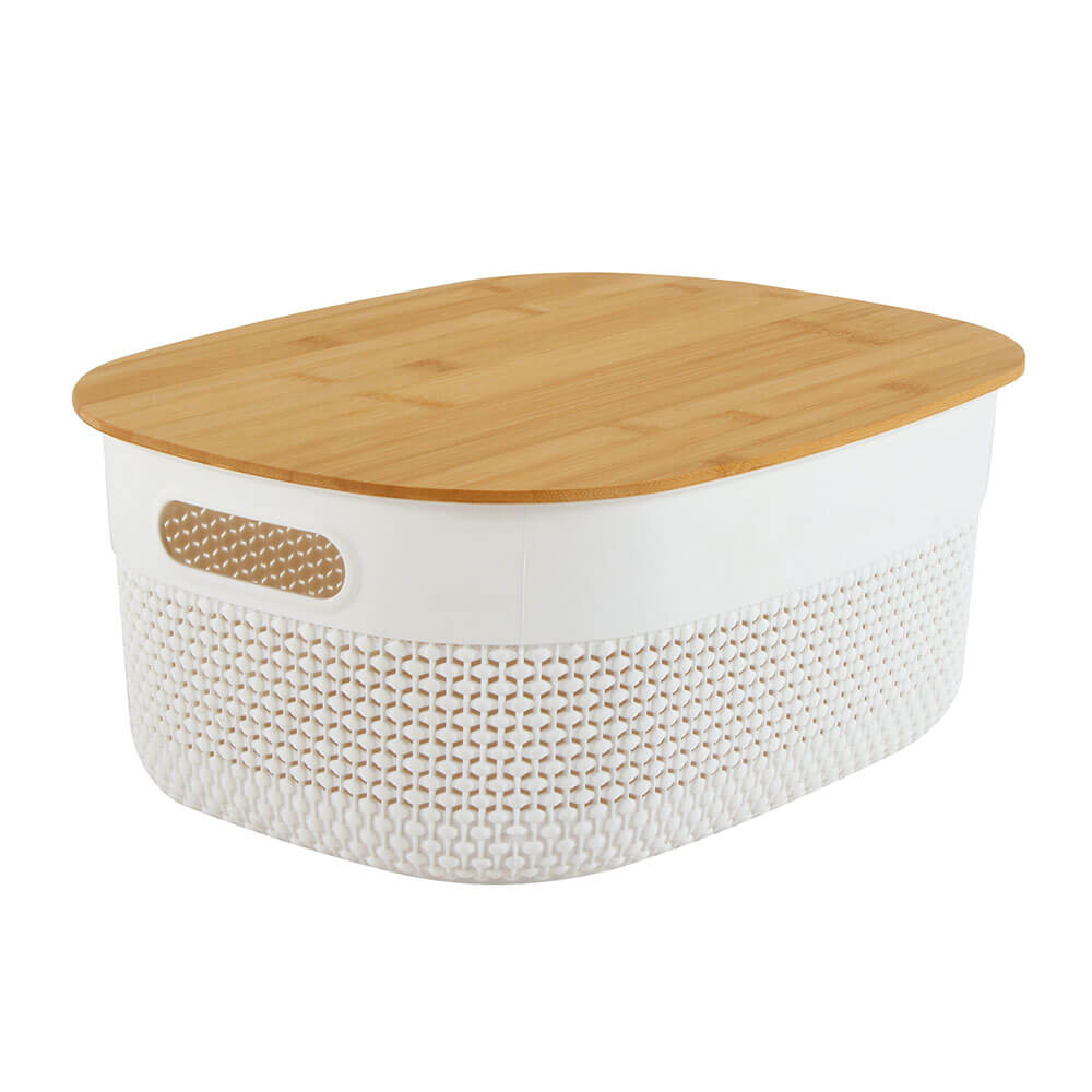 Oval plastkorg med bambu lock (vitt)