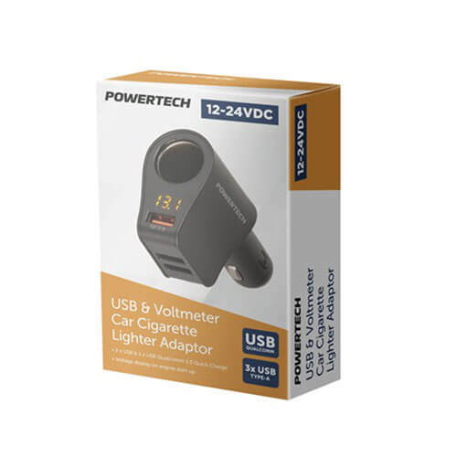 Powertech USB and Voltmeter Car Cigarette Lighter Adaptor