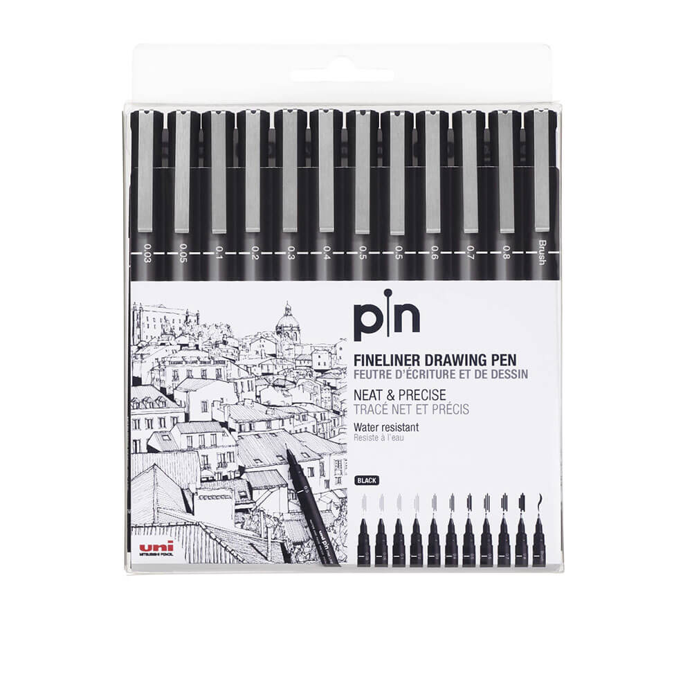 Uni pin Fine Line Drawing Pen 12pcs (negro)